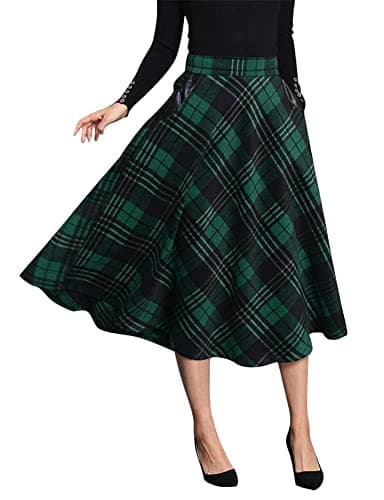 Ylingjun Long Plaid Wool Skirt for Women Winter Fall — Green/Mid-calf