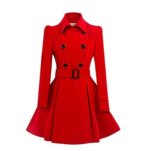 ForeMode Women'sDouble Breasted Wool Pea Coat with Belt Buckle — Red