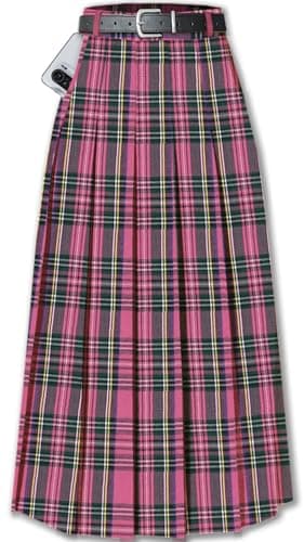 Sangtree Girls A-Line Pleated High Waist Fashion Skirt — Long Pink Black Plaid Pocket