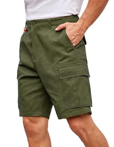 COOFANDY Men's Relaxed Fit Cotton Casual Shorts with Multi Pockets — Army Green