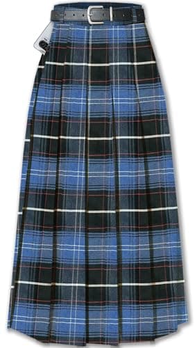 Sangtree Girls A-Line Pleated High Waist Fashion Skirt — Long # Blue Plaid Pocket