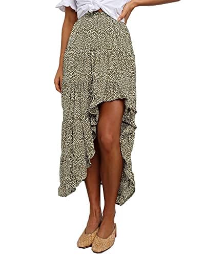 BTFBM Women's 2025 Summer Floral Print Elastic Waist High-Low Boho Maxi Skirt — Green