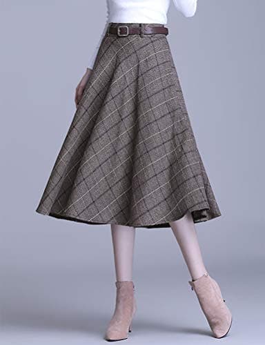Women's High Waist Plaid A-line Midi Skirt by IDEALSANXUN