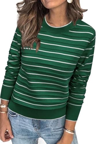 Womens Arach&Cloz Knit Sweater Long Sleeve Casual Spring Outfit Fashion — Striped Green White02