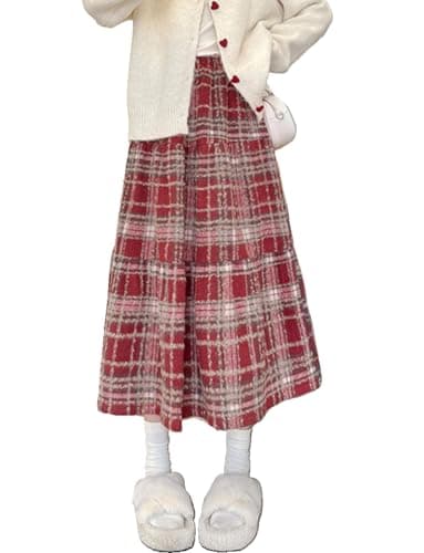IDEALSANXUN Wool Plaid Midi Skirt for Women Fall Winter — Red