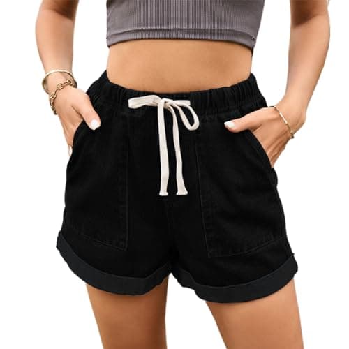 High waist denim shorts with pockets for women — B-black