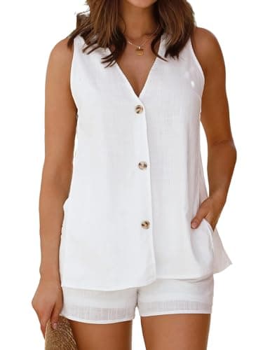 IDEALSANXUN Women's Spring Summer V-Neck Cotton Linen Vest Tops