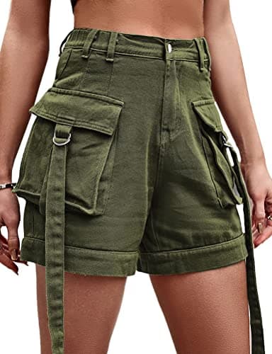 High Waist Baggy Cargo Denim Shorts with Pockets — Army Green
