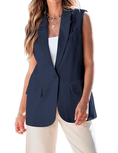 Luvamia Women's 2025 Spring Casual Long Sleeveless Open Front Blazer Vests Top Pockets Office Suit — Navy Blue