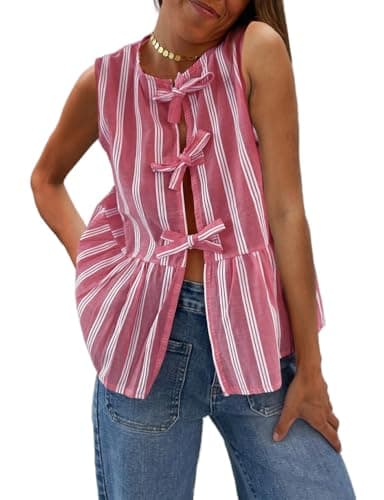 IDEALSANXUN Striped Linen Vest for Women Spring Summer — Pink
