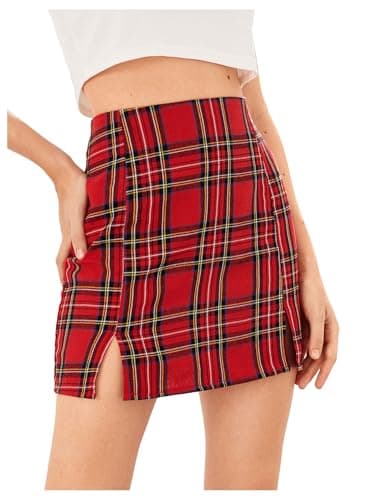 WDIRARA Women's High Waist Plaid Split Front Mini Bodycon Skirt