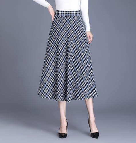 Biilyli Women's High Waist Wool Plaid Midi Skirt
