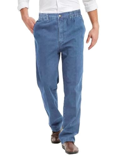 Men's Elastic Waist Jeans with Zipper and Button — Light Blue