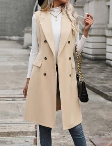 IDEALSANXUN Women's Long Wool Sleeveless Blazer Vest Trench Coat Outerwear