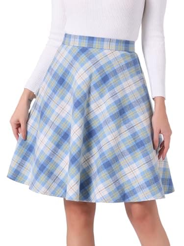 Allegra K Women's Vintage Tartan Knee-Length A-Line Elastic Waist Skirt — Blue Beige