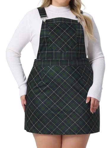 Agnes Orinda Plus Size Adjustable Straps Vintage Plaid Pinafore Dress — Green
