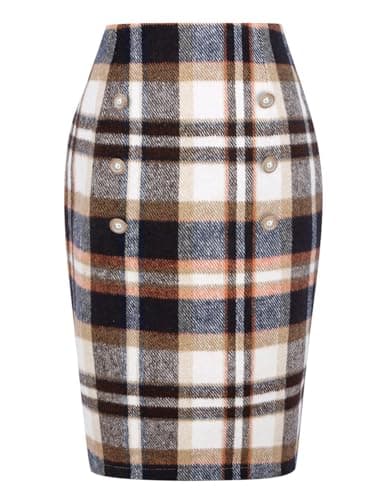 Women's Plaid Wool Pencil Skirt for Fall and Winter — Brown
