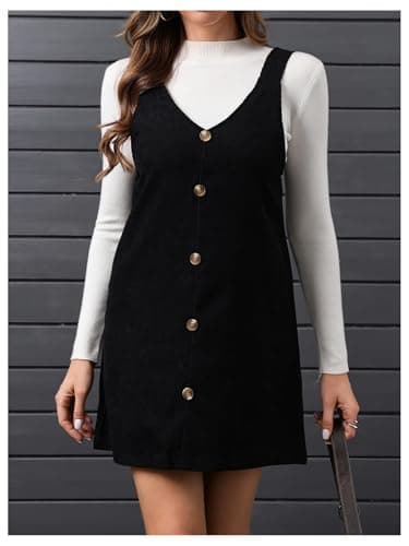 SOLY HUX Women's Pure Black V-Neck Corduroy Pinafore Short Dress X-Large