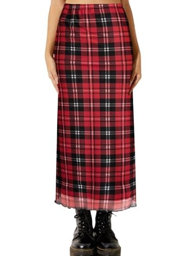 Avanova Bohemian Ditsy Floral Midi Skirt — Red Plaid