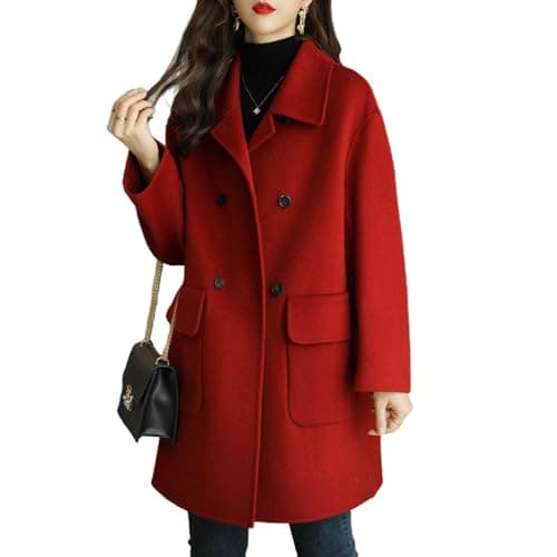 BININBOX Women's Mid Long Thicken Double Breasted Pea Coat with Pockets — Red