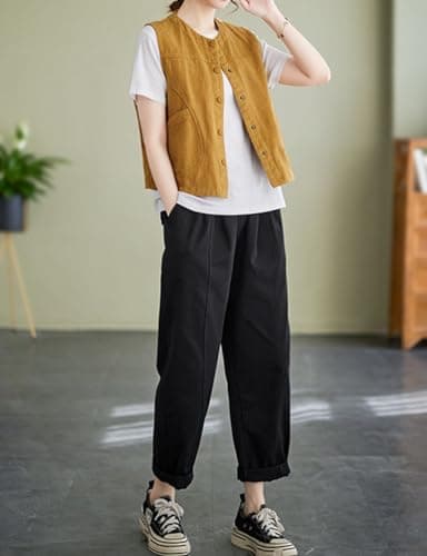 Womens Cotton Linen Vest Casual Button Down Sleeveless Spring Jackets