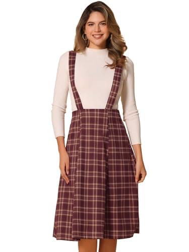 Allegra K Women's Vintage Tartan Suspender Midi Dress High Waist A-Line — Dark Red