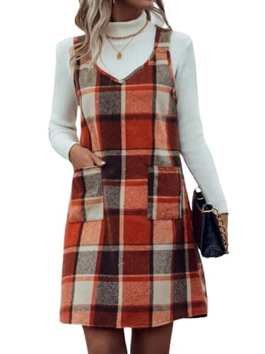 Sleeveless Plaid Overall Dress with Pockets for Women in Fall/Winter — Orange New