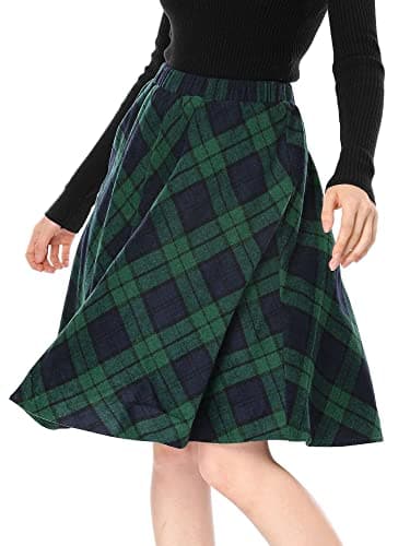 Women's Plaid Elastic Waist Knee Length Skirt — Green