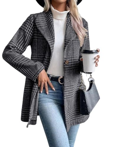 Long Wool Plaid Blazer for Women's Fall and Winter Outfits — Grey