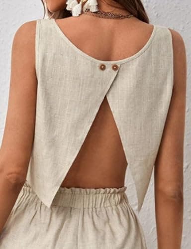 IDEALSANXUN Women's Cropped Linen Tank Tops Casual Square Neck Summer Shirt
