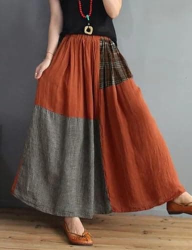 IDEALSANXUN Women's High Waisted Color Block Plaid Midi Skirt