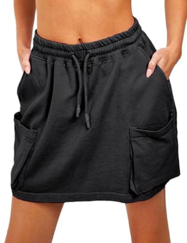 Cotton Skirts for Women Summer Casual Elastic High Waisted Mini Cargo Skirt with Pockets — Black