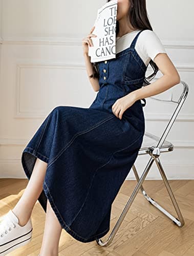 CHARTOU Elegant Denim Smocked A-Line Long Skirt with Back Straps