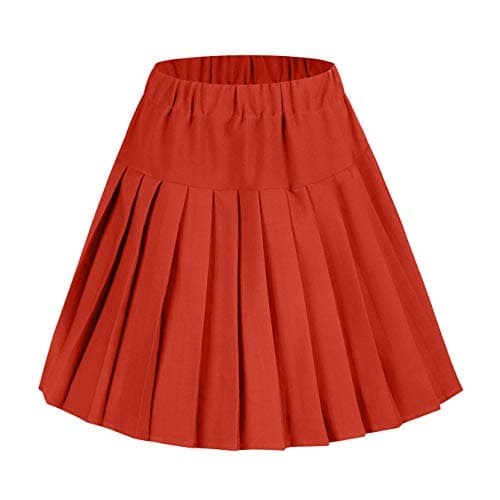 Urban CoCo Women's Elastic Waist Tartan Pleated School Skirt — Solid Mandarin Red