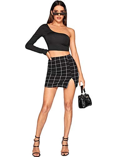 Floerns Women's High Waisted Mini Plaid Split Hem Casual Skirt