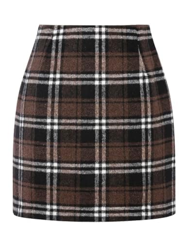 Mywinway Plaid High Waist A-Line Skirt for Women — Coffee