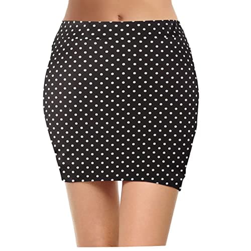 Topdress Women's High Waisted Elastic Pencil Skirts with Slit — Black White Dot Mini
