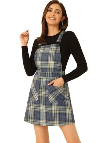 Women's Plaid Overall Dress with Adjustable Straps — Blue