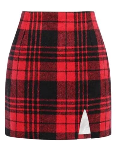 High Waisted Wool Plaid Mini Skirt with Slit for Women by IDEALSANXUN — Red 02