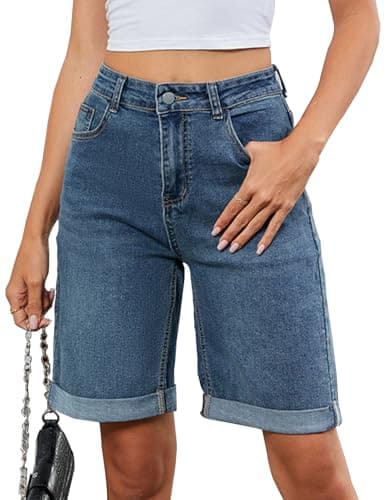 TOSATISFINE Women's High-Waisted Stretch Jean Shorts — Blue-fold Hem