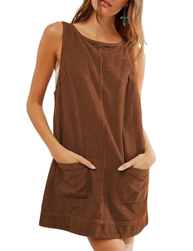 Hooever Women's Corduroy Overall Mini Dress with Pockets — Brown