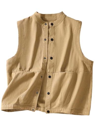Cotton Vest for Women Casual Loose Fit Cardigan Jacket — Khaki