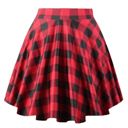 PUKAVT Women's A-Line Mini Flared Stretchy Skater Party Skirt — Black Red Plaid