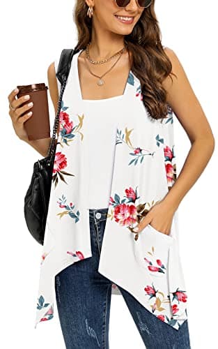 Veryoung Women's Lightweight Floral Long Sleeve Cardigan with Pockets — D02-floral_off_white-sleeveless