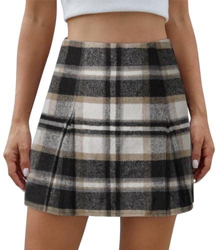 Scacto Women's High-Waisted Zipper Plaid Mini Pleated A-Line Skirt — Black Beige
