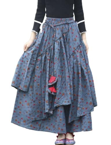 Womens Elastic Waist Retro Maxi Pleated Long Skirt — Print 208