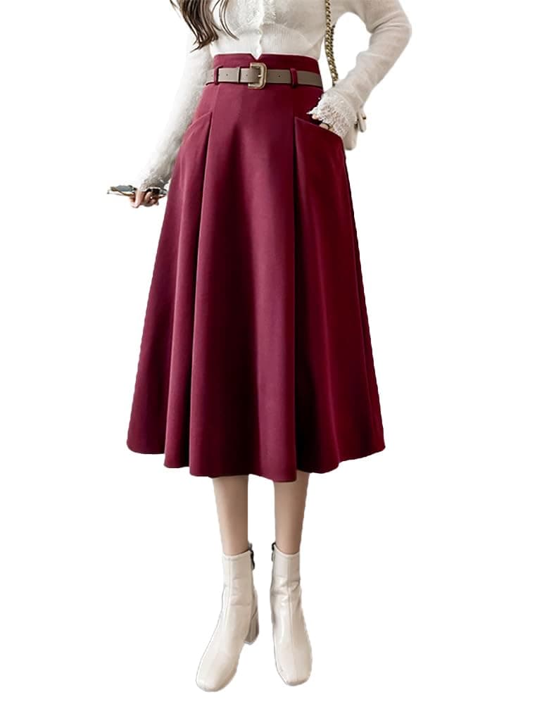 High Waisted A-Line Wool Midi Skirt for Women