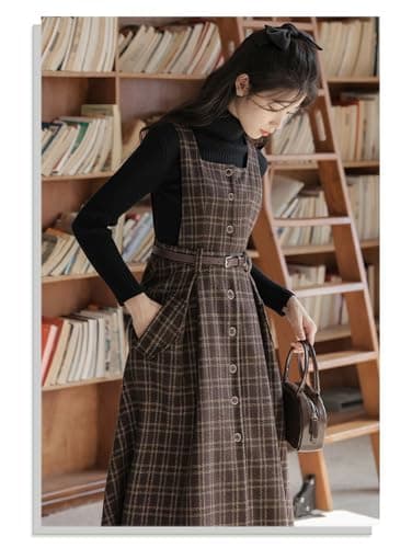 Cuteighteen Wool Midi Plaid Belted Dress with Pocket Fall Winter