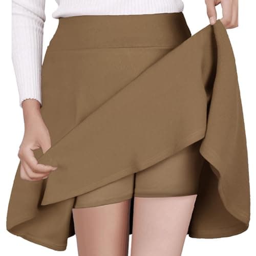 Women's Mini Flared A-Line Stretchy Party Skirts with Shorts — Khaki