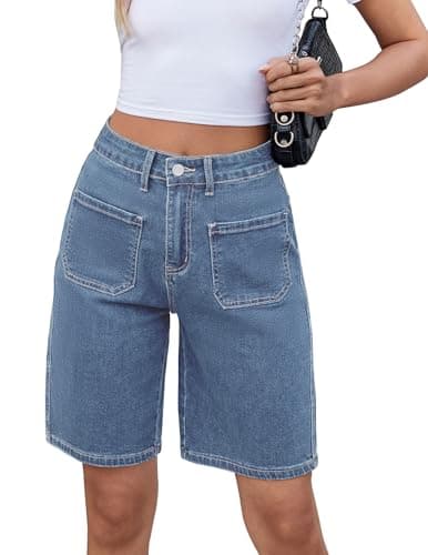 TOSATISFINE Women's High-Waisted Stretch Jean Shorts — Blue-patch Pocket
